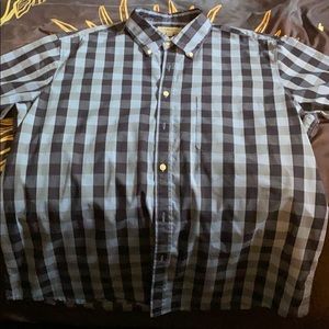 blue button up plaid shirt